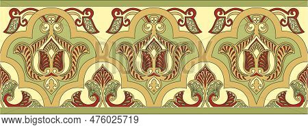 Vector Seamless Colored Gold Arabic National Ornament, Border, Frame. Endless Vegetable
Pattern Of E