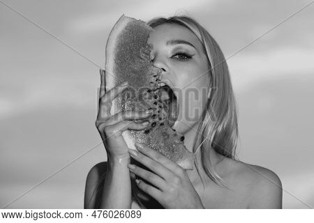 Sexy Summer Tropical Fruit. Sexy Mouth Bite Watermelons. Sensual Young Woman Lick Watermelon With Se
