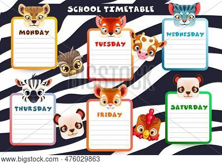 Education Timetable With Square Animal Faces, School Classes Weekly Schedule, Vector Background. Fun