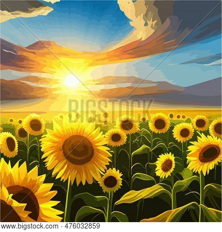 Summer Landscape Illustration With Sunflowers Yellow Fields And Blue Sky. Summertime Beautiful Natur