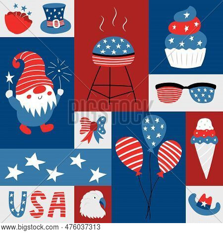 Square Greeting Card With Patriotic Symblos Of Usa Independence Day. Social Media Poster For 4th Of 