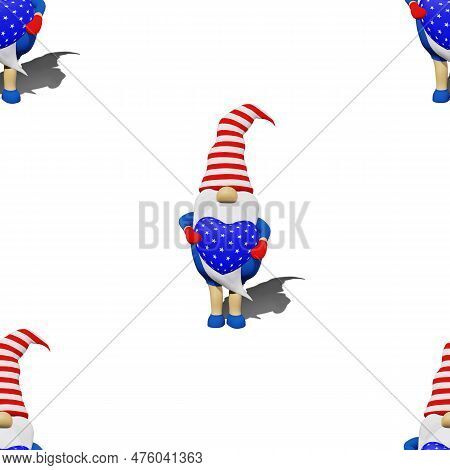 United States Independence Day Gnome Striped Hat Seamless Pattern. 4Th Of July National Usa Flag Hol