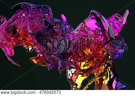 3d Render, Crystal Iridescent Color Liquids Splash, Abstract Fluid Background