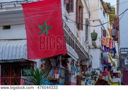 Casablanca, Morocco - March 29, 2023: Alleys View, With Flag And Various Items, In The Market Of The