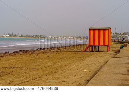 El Jadida, Morocco - April 08, 2023: View Of The Beach, With Locals And Visitors, In El Jadida, The 