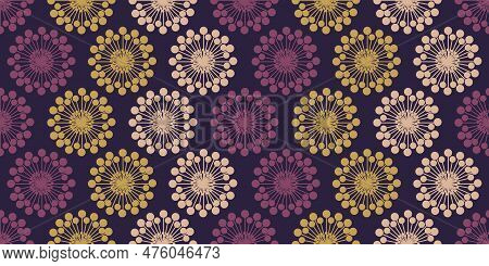 Many Rows Of Colorful Large Flower Heads, Seamless Pattern Colored In Purple, Brown And Light Brown 