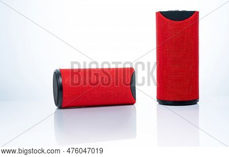 Wireless Portable Speaker Isolated On White Background. Red Digital Portable Speakers. Small Sound M