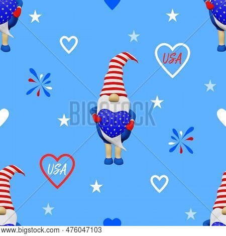 United States Independence Day Gnome Striped Hat Seamless Pattern. 4Th Of July National Usa Flag Hol