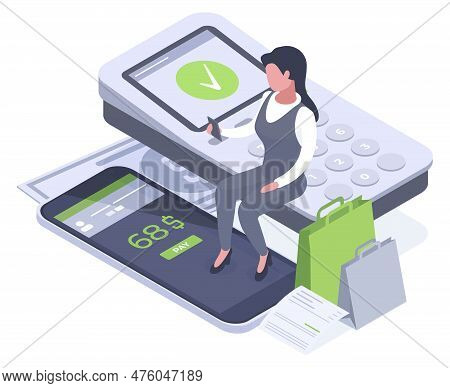 Isometric Payment, Online Shopping App. Mobile Banking Transaction, Payment Terminal Online Contactl