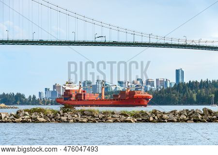 Container Cargo Liner In Vancouver Harbor Going Fairway.