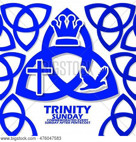 Icon Of A King's Crown, Cross, Bird And Bold Text On White Background To Commemorate Trinity Sunday 