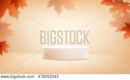 Autumn Background,3d Studio Room And Podium Display With Mable Laves Shadow On Orange Wall.vector Au