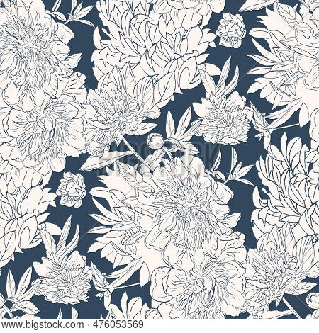 Seamless Pattern With Peonies. Detailed Monochrome Drawing. Vector Illustration.