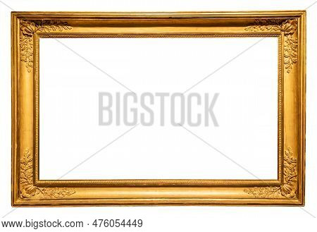 Old Horizontal Long Rococo Gold Picture Frame Isolated On White Background With Cut Out Canvas