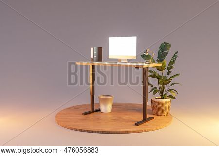 Isolated Computer Workspace On Wooden Podium With Standing Desk; Freelance And Home Office Concept; 