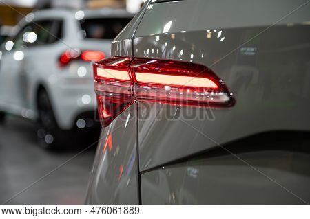 Riga, Latvia, April 28, 2023: Led Rear Lights And Car Design Closeup Of Nev Skoda Karoq Sportline, M