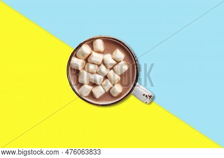 Marsh Mellow Over Chocolate Milk, Flat Lay Concept Isolated.
