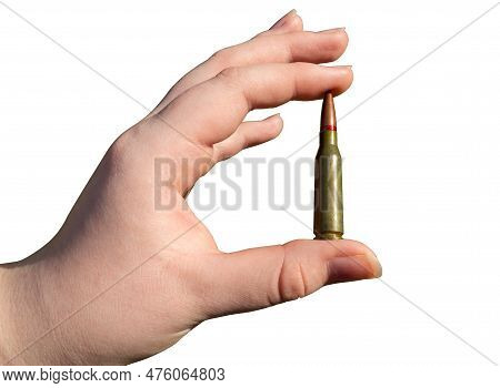 Rifle Cartridge In Hand On A Transparent Background. Close-up. Military Support Concept