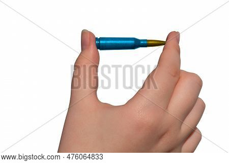 Yellow-blue Rifle Cartridge In Hand On A Transparent Background. National Symbols Of Ukraine. The Co