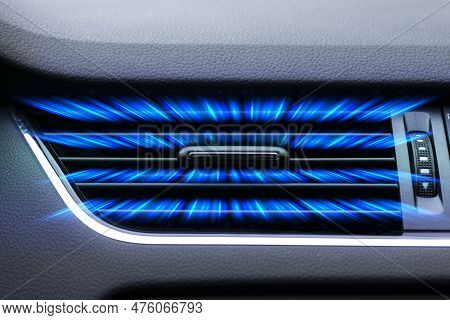 Car Vent With Cold Air. Cockpit Vent Air Flow Of Modern Car. Cool Stream Of Air From A Car Air Condi