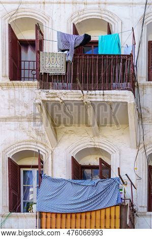View Of A Typical House Wall With Laundry Hanging, In The Old City Of Casablanca, Morocco