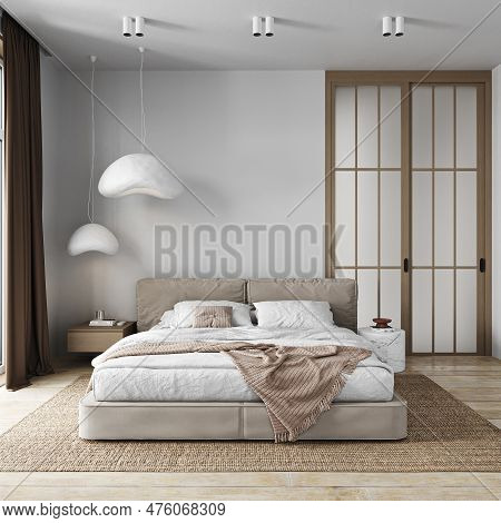Minimal Japenese Bedroom Interior. Bed With Blanket And Pillows, Carpet On Hardwood Floor. Mockup Em