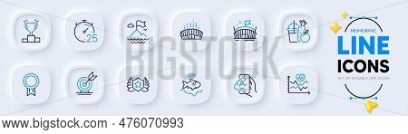 Cardio Training, Arena Stadium And Fishfinder Line Icons For Web App. Pack Of Juice, Timer, Target G