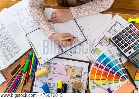 Top View Of Designer Workplace, Planning Renovation