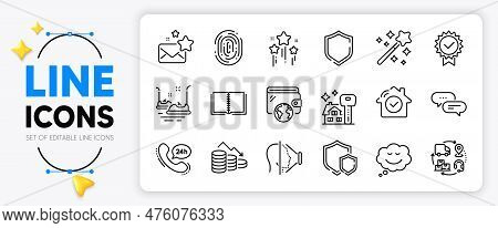 24h Service, Wallet And Buying House Line Icons Set For App Include Face Id, Stars, Speech Bubble Ou