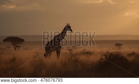 Immerse Yourself In The Serenity Of The Savannah As You Admire A Solitary Giraffe Against The Backdr