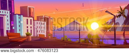 Empty Tropical Urban Embankment, Sunset Mountain Skyline. City Park Bench On Street Near River And T