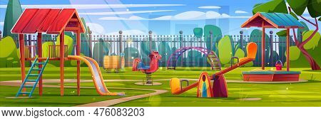 Playground Park In Kindergarten Cartoon Summer Landscape Background. Outdoor Play Ground Recreation 