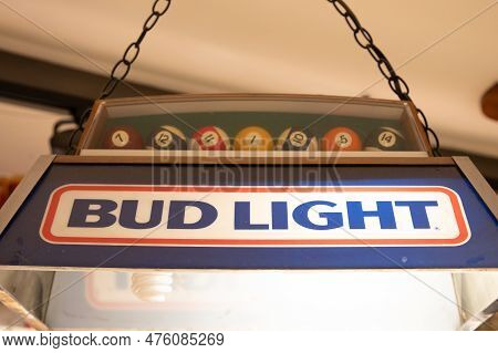 Bordeaux , Aquitaine  France - 02 27 2023 : Bud Light Brand Logo And Text Sign On Light Billiards Of