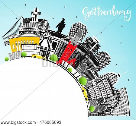 Gothenburg Sweden City Skyline With Color Buildings, Blue Sky And Copy Space. Vector Illustration. G