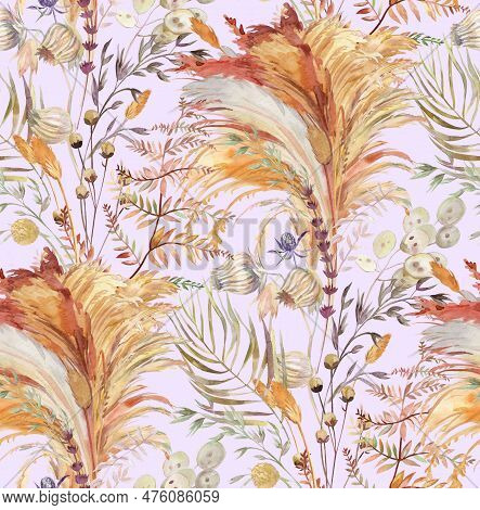 Seamless Pattern With Herbs And Pampas Grass And Dried Flowers Painted For Textile