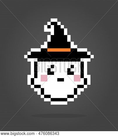 8 Bit Pixel Ghost Wearing Wizard Hat. Cute Flying Ghost In Vector Illustration