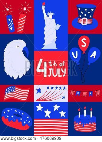 Poster With National Symblos Of Usa Independence Day. Greeting Card For 4th Of July. Eagle, Flag, Do