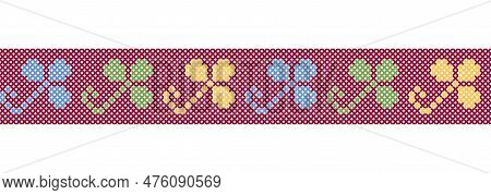 Clover Trefoil Colorful Leaves. Vector Geometric Border Pattern, Ornament For Textile Or Fabric. Pix