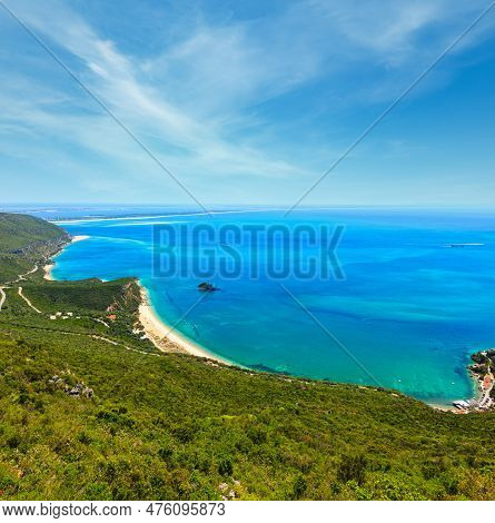 Summer Sea Coastal Landscape With Sandy Portinho Beach. Top View From Nature Park Of Arrabida In Set