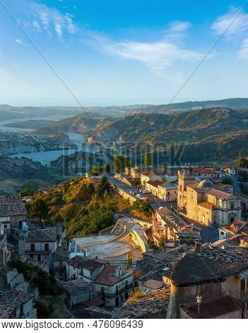 Sunrise Old Medieval Stilo Famos Calabria Village View, Southern Italy.