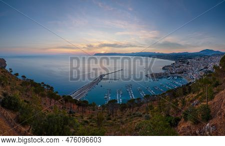 Early Morning View To Tyrrenian Sea Bay, Castellammare Del Golfo And Alcamo Town And Pier From Local