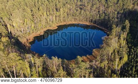 Aerial View Of A Small Lake, Eserinis (asarelis), From Above. Lithuania, Varena District.