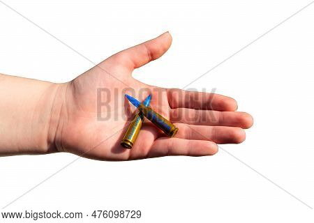 Two Yellow-blue Rifle Cartridges With The Inscription Stand With Ukraine In Hand On A Transparent Ba