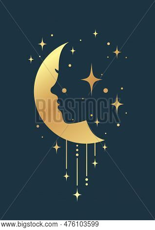Profile Of Woman With Moon Golden Drawing Poster. Full Moon Boho Minimalist Printable Wall Art. Taro