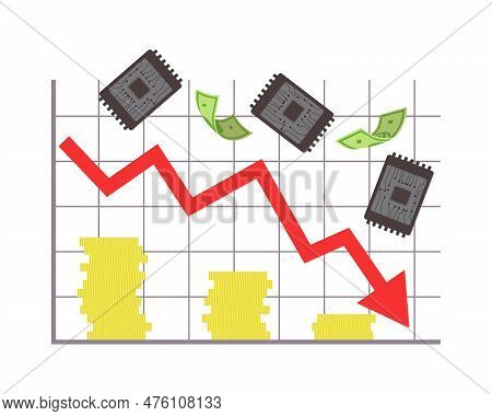 Reduction Of Production Of Chips Vector Illustration. Memory Chips Falling On Chart Or Diagram With 