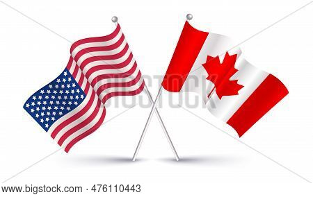 Vector American Flag And Canadian Flag. Vintage Flag Of Usa And Flag Of Canada.