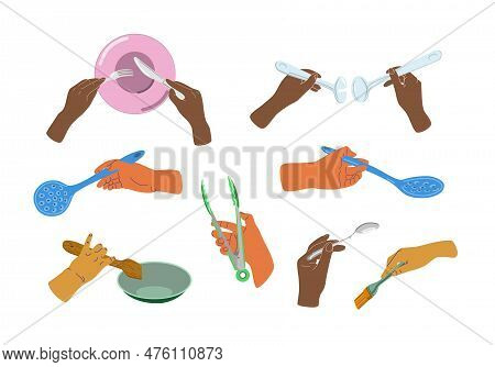 People Hands Doing Morning Routine Close Up Vector Illustrations Set. Palms Applying Nourishing Crea