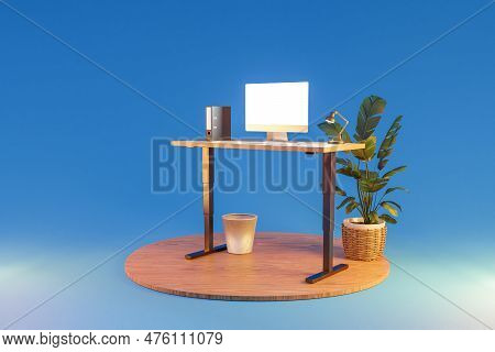 Isolated Computer Workspace On Wooden Podium With Standing Desk; Freelance And Home Office Concept; 