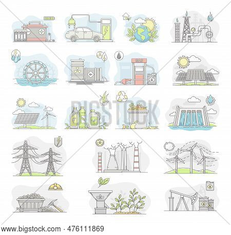 Energy Sources With Fossil Fuel, Nuclear Fuel And Renewable Resources Line Big Vector Set