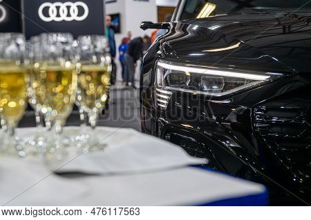 Riga, Latvia, April 28, 2023: Closeup Of A Champagne Glass At The Premiere Of The Audi Q8 E-tron At 
